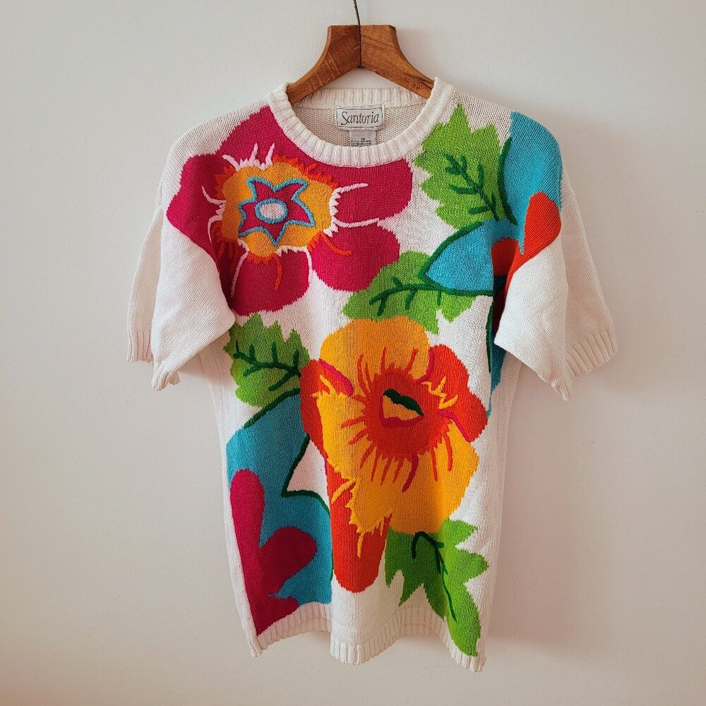 Vintage 1992 Santoria Short-Sleeved Knit Floral Sweater-Medium